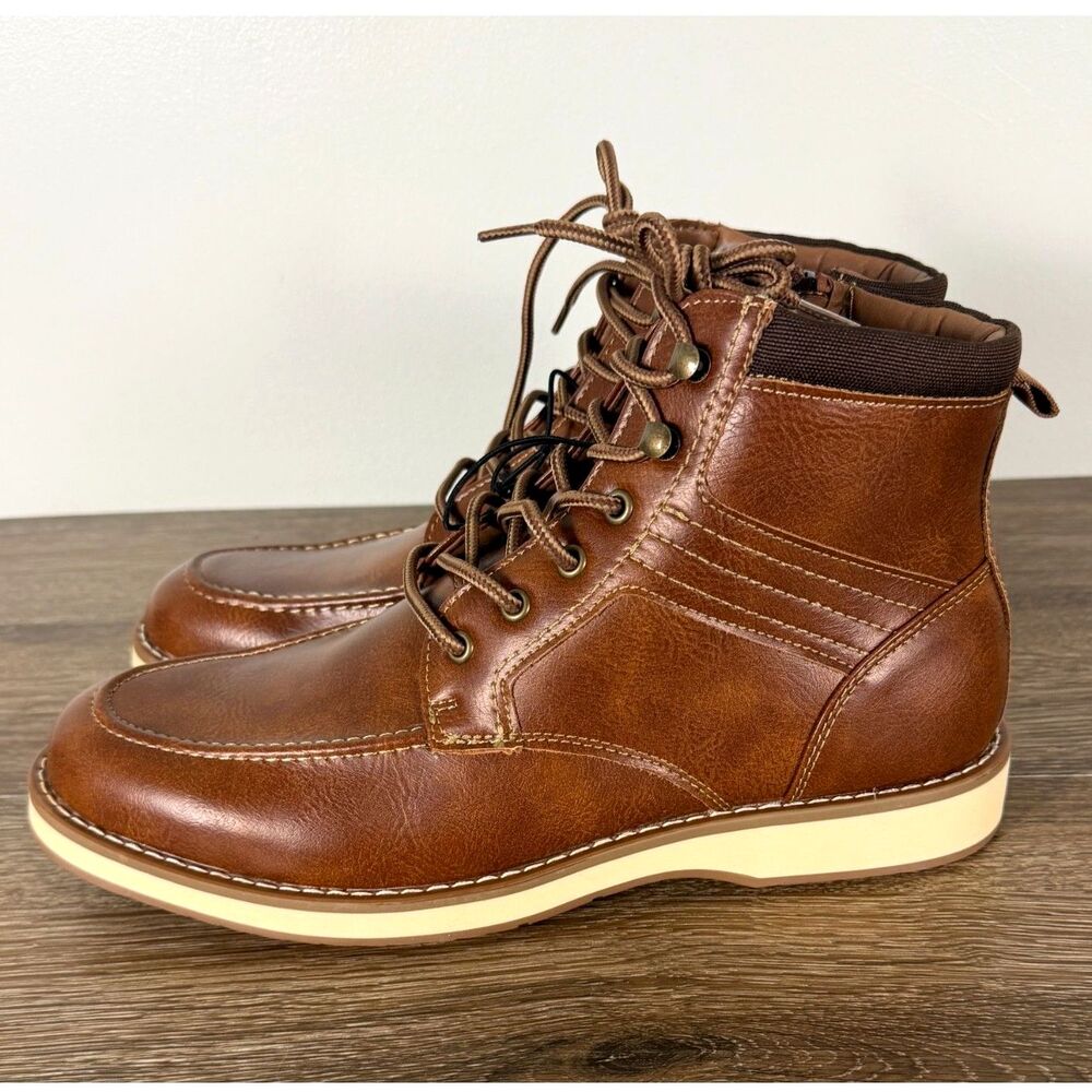 Steve Madden Doyers Boots Mens 11 Cognac Lace Up Side Zip Ortholite NIB